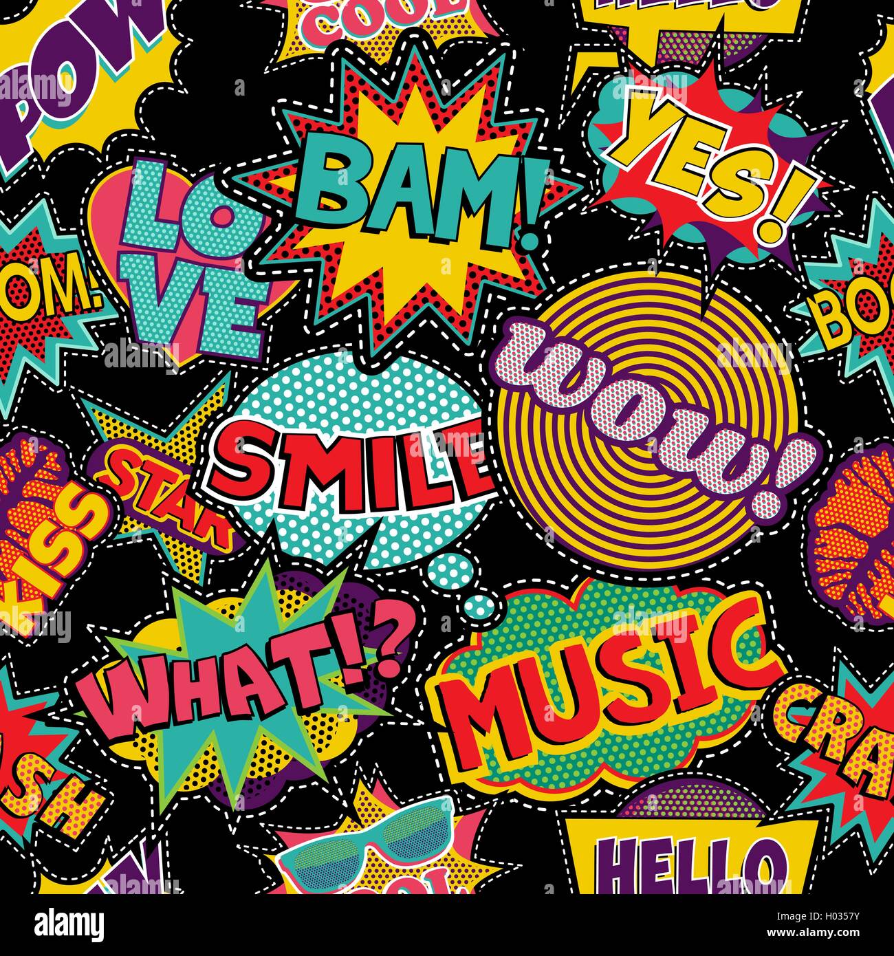Retro pop art style seamless pattern with vintage comic book sign stitch  patches, quotes, explosions and speech text. EPS10 Stock Vector Image & Art  - Alamy