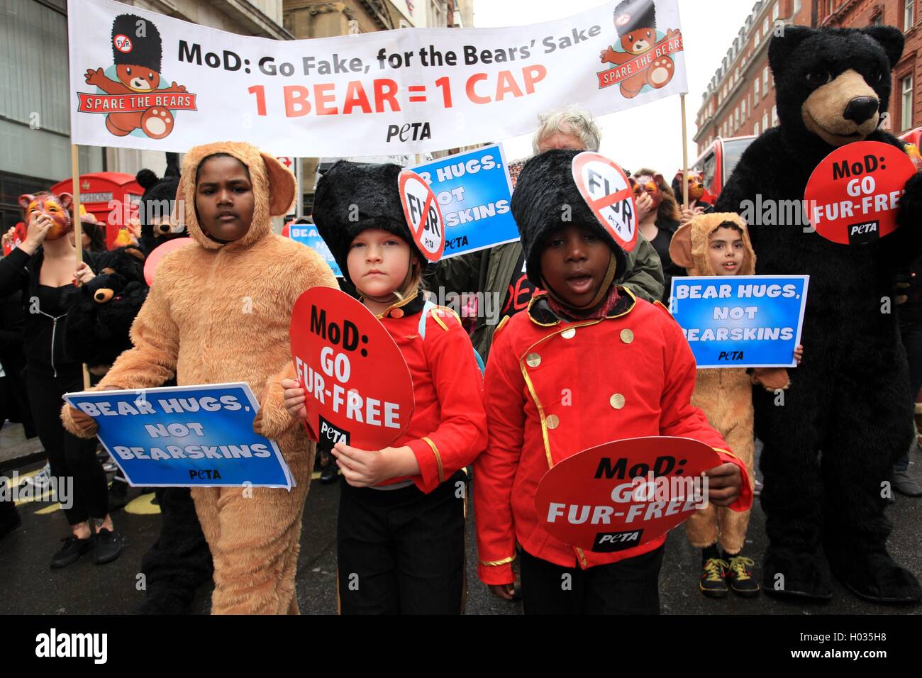 PETA protest against the use of real fur caps by the (MOD) Ministry of Defence, London, UK. Stock Photo