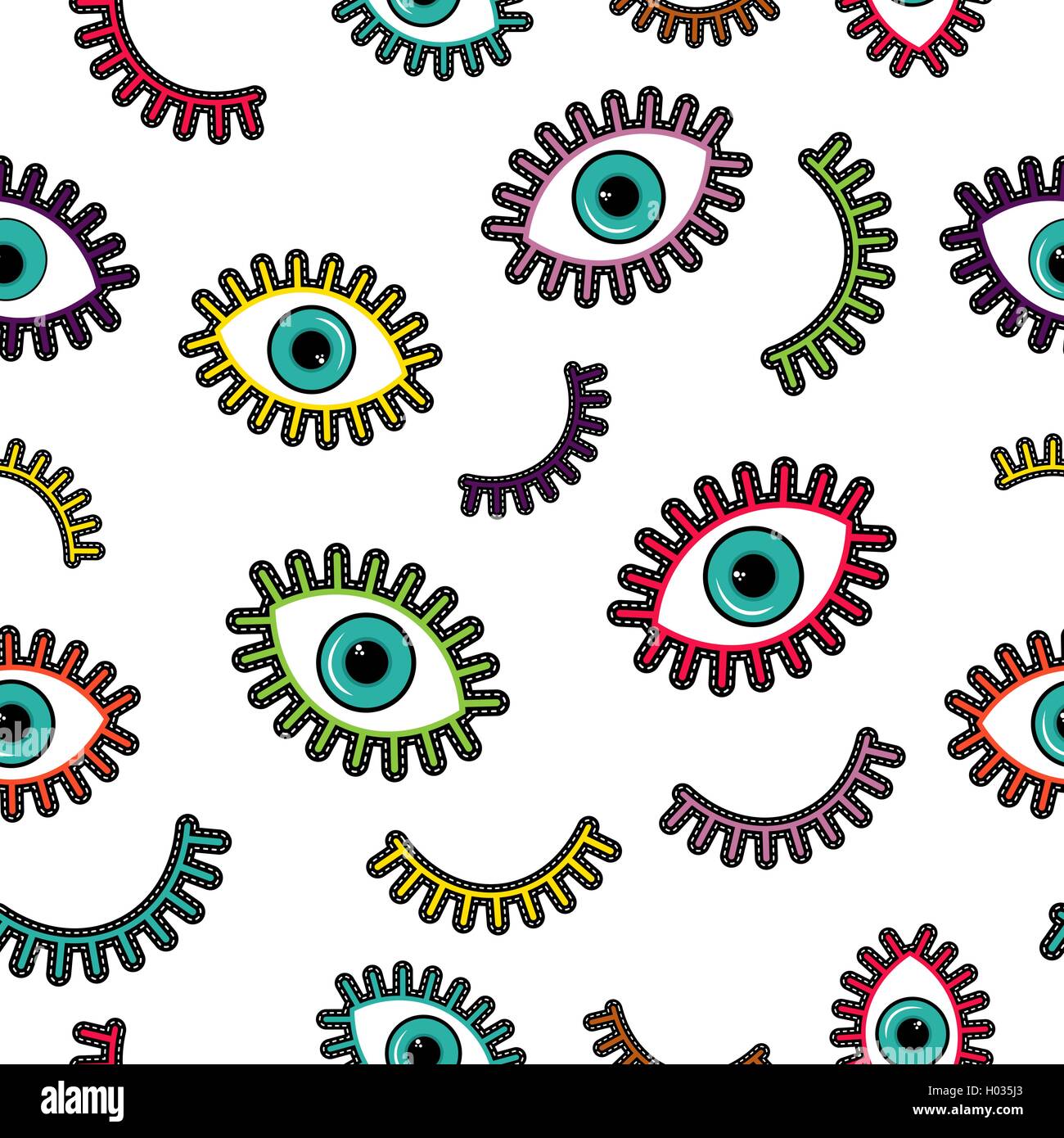 Seamless pattern with vibrant color eye icons in stitching patches style. Modern illustration background. EPS10 vector. Stock Vector