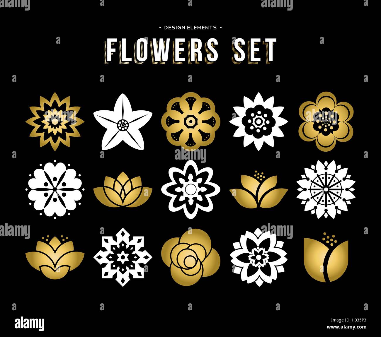 Gold color set of flowers icons in modern flat art illustration style. Floral nature icons lotus, lily and rose. EPS10 vector. Stock Vector
