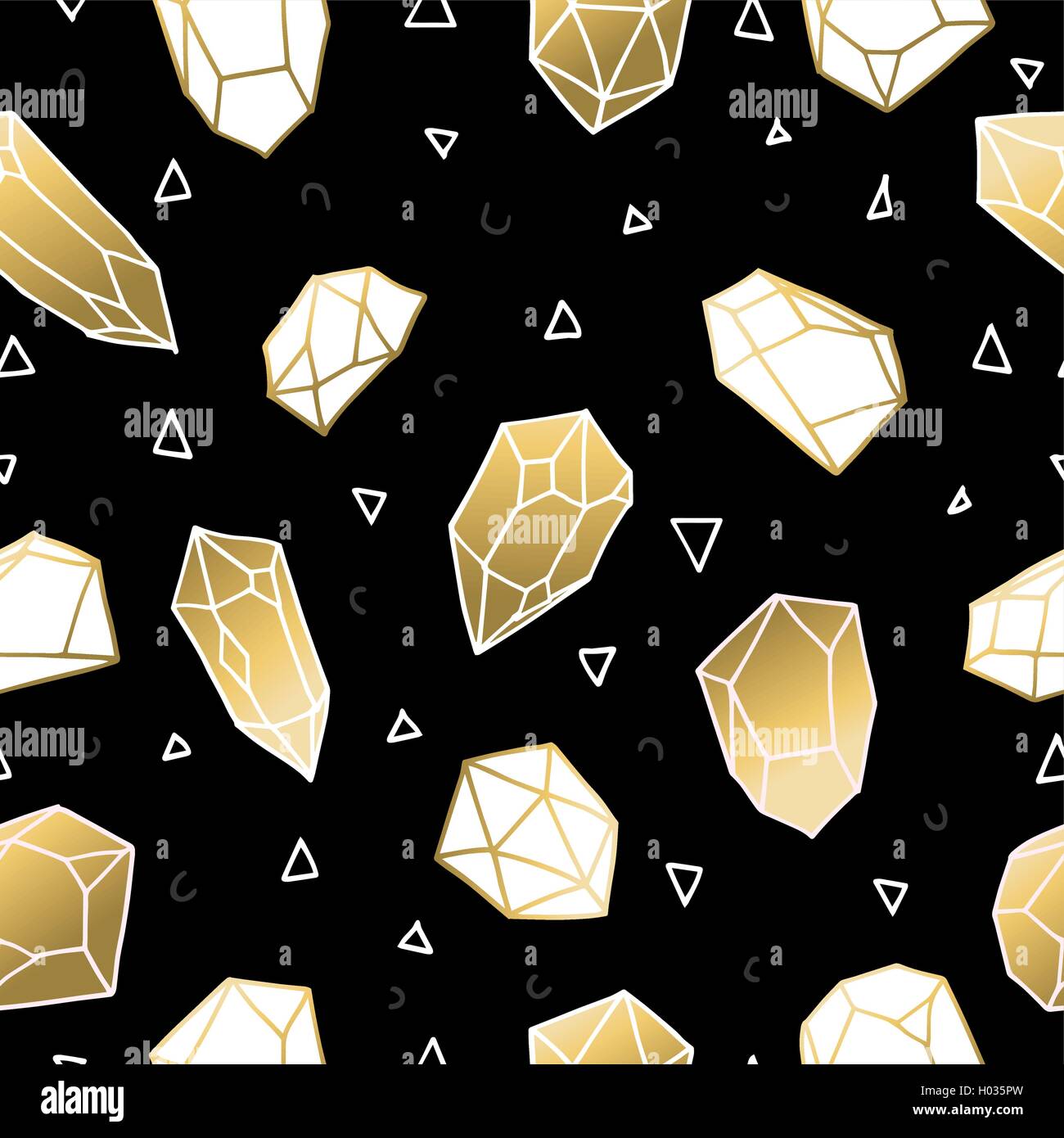 Trendy seamless pattern of gold color crystal mineral stones, simple hand drawn diamond rocks background. EPS10 vector. Stock Vector