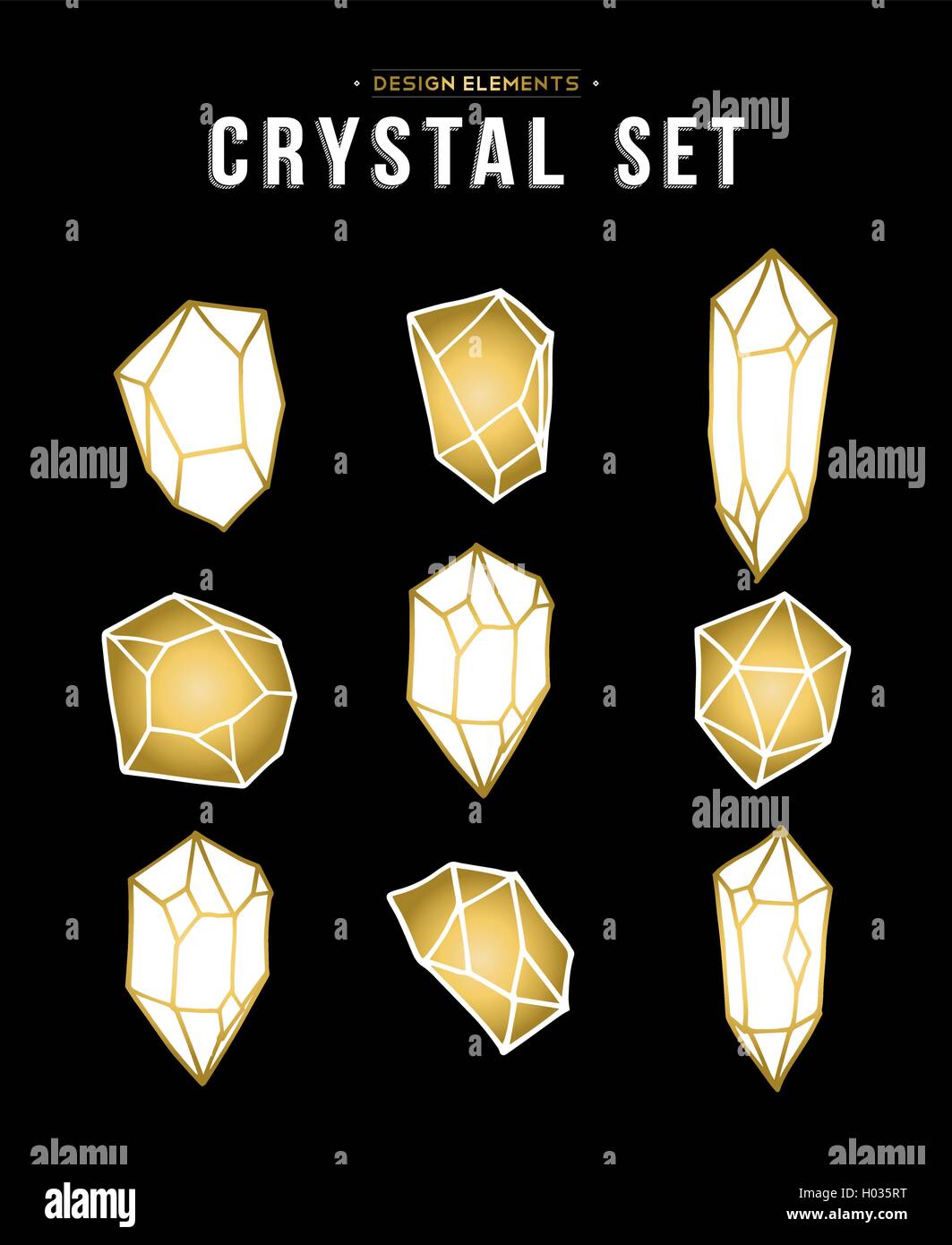 Set of gold color crystal mineral stone elements, simple hand drawn diamond rock icons collection. EPS10 vector. Stock Vector