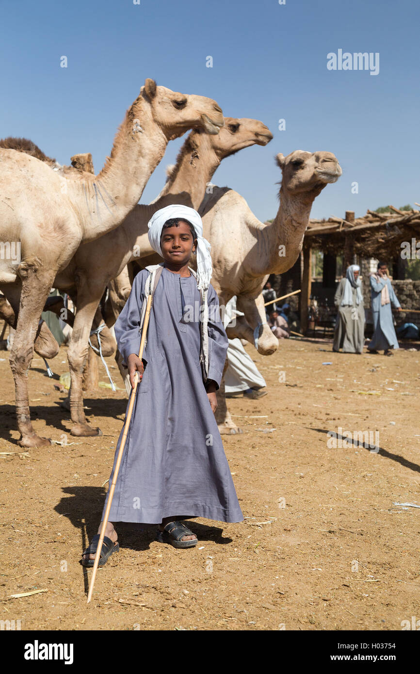 DARAW, EGYPT - FEBRUARY 6, 2016: Local young camel salesmen on Camel market posing for camera. Stock Photo