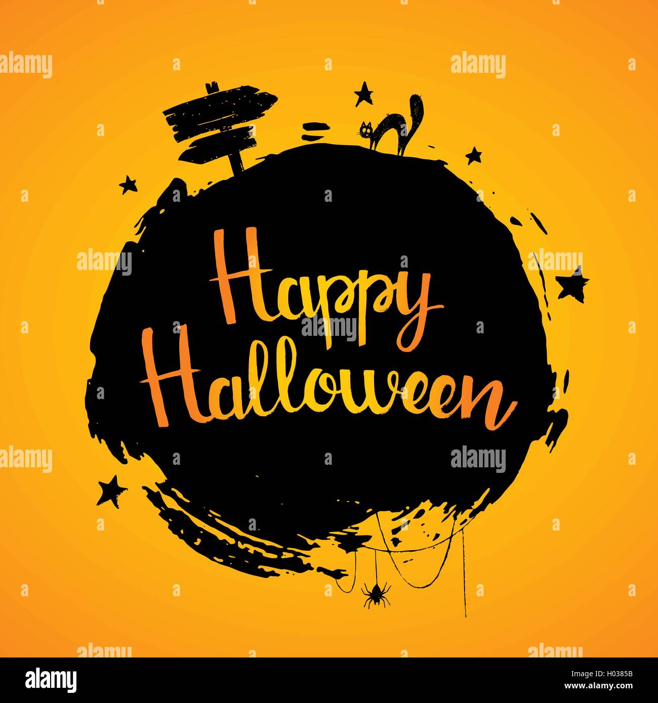 Happy Halloween lettering. Hand drawn calligraphy with brush texture, black cat, spider web, stars and direction sign Stock Vector