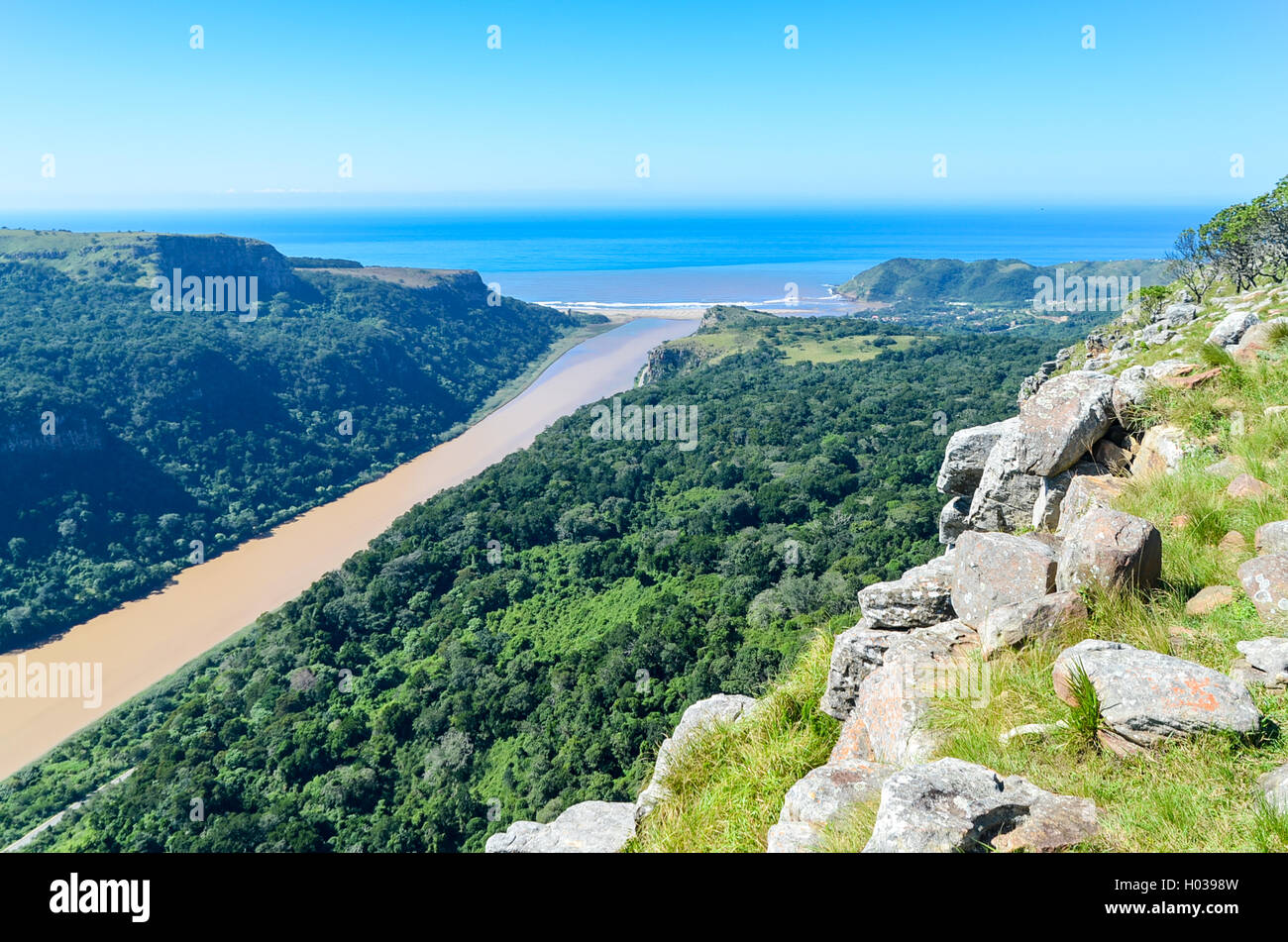 Aerial view of the the Umzimvubu river mouth in Port St Johns, Eastern Cape, South Africa Stock