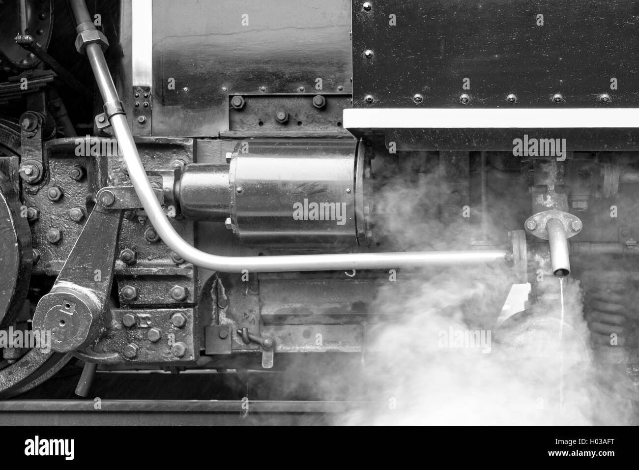 Pistons, steam and grease of No.2 Baldwin Locomotive Brecon Mountain Railway Stock Photo