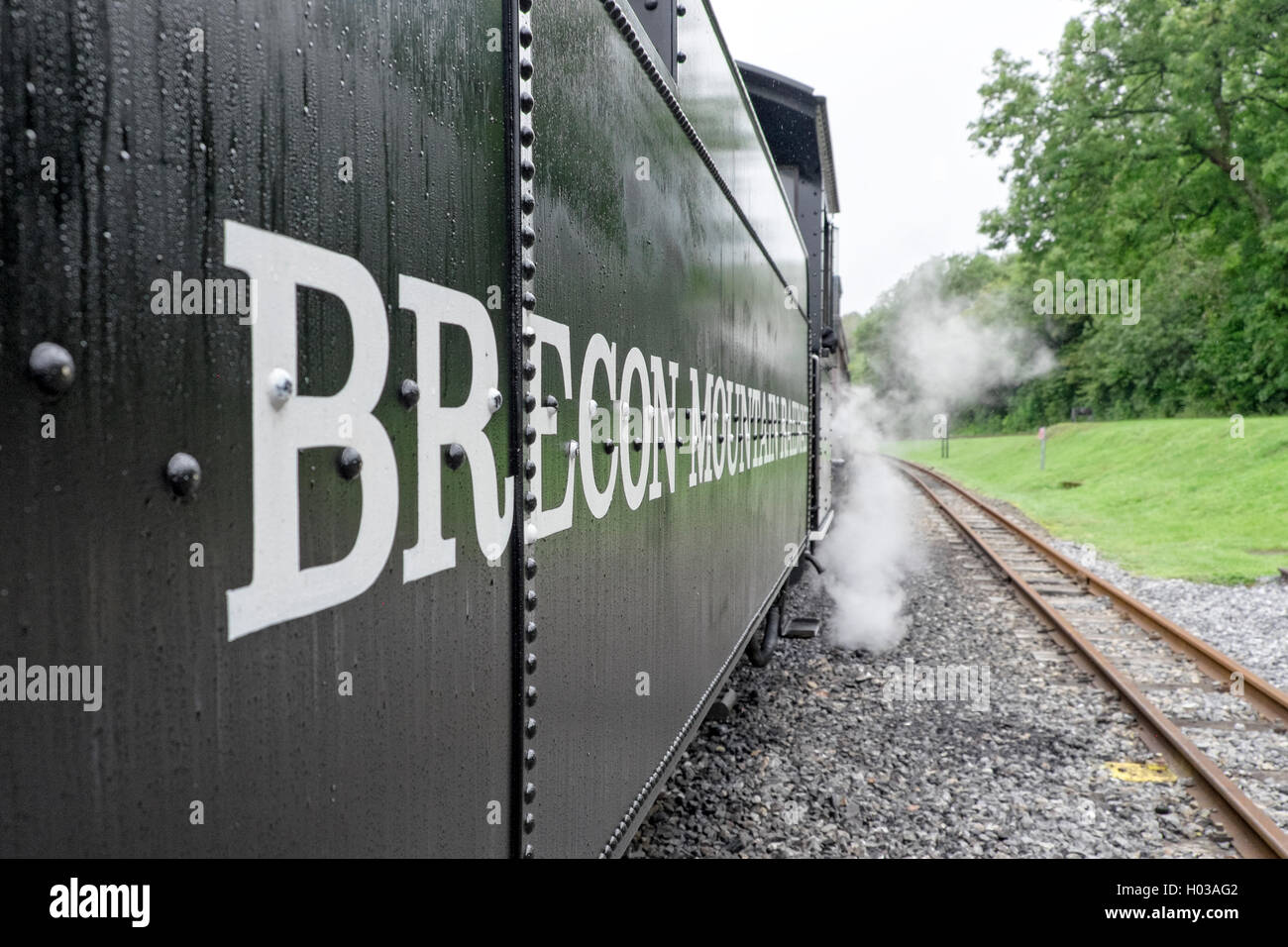 Brecon Mountain Railway steaming towards Pant Station, Merthyr Tydfil Stock Photo