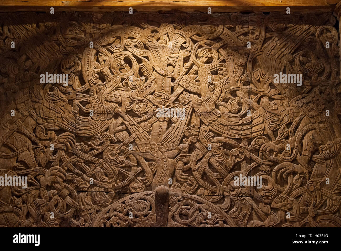 Viking wood carving in Wang Church, Karpacz, Poland, Vang Temple former  location was in Vang, Valdres, Norway Stock Photo - Alamy