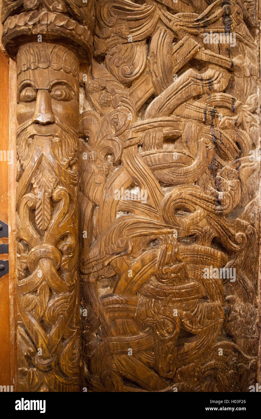 Viking theme wood carving Wang Church, Karpacz, Poland, Vang Temple former  location was in Vang, Valdres, Norway Stock Photo - Alamy