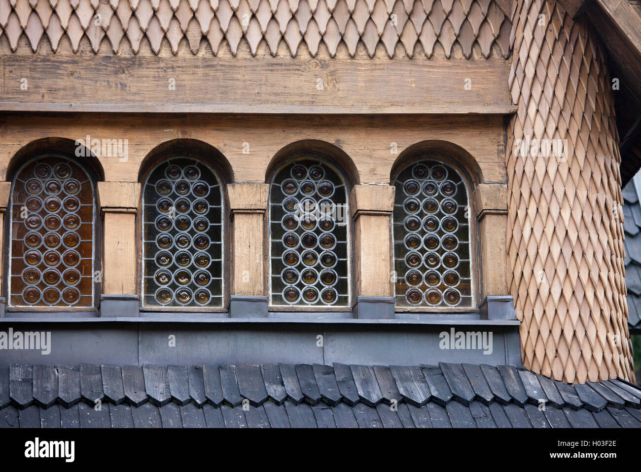 Wang Church carved in wood closeup architectural details, Karpacz, Poland, Vang Temple former location was in Vang, Valdres, Nor Stock Photo