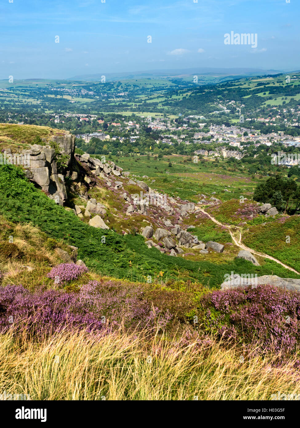 View over Ilkley and Wharfedale from Ilkley Moor in Summer West