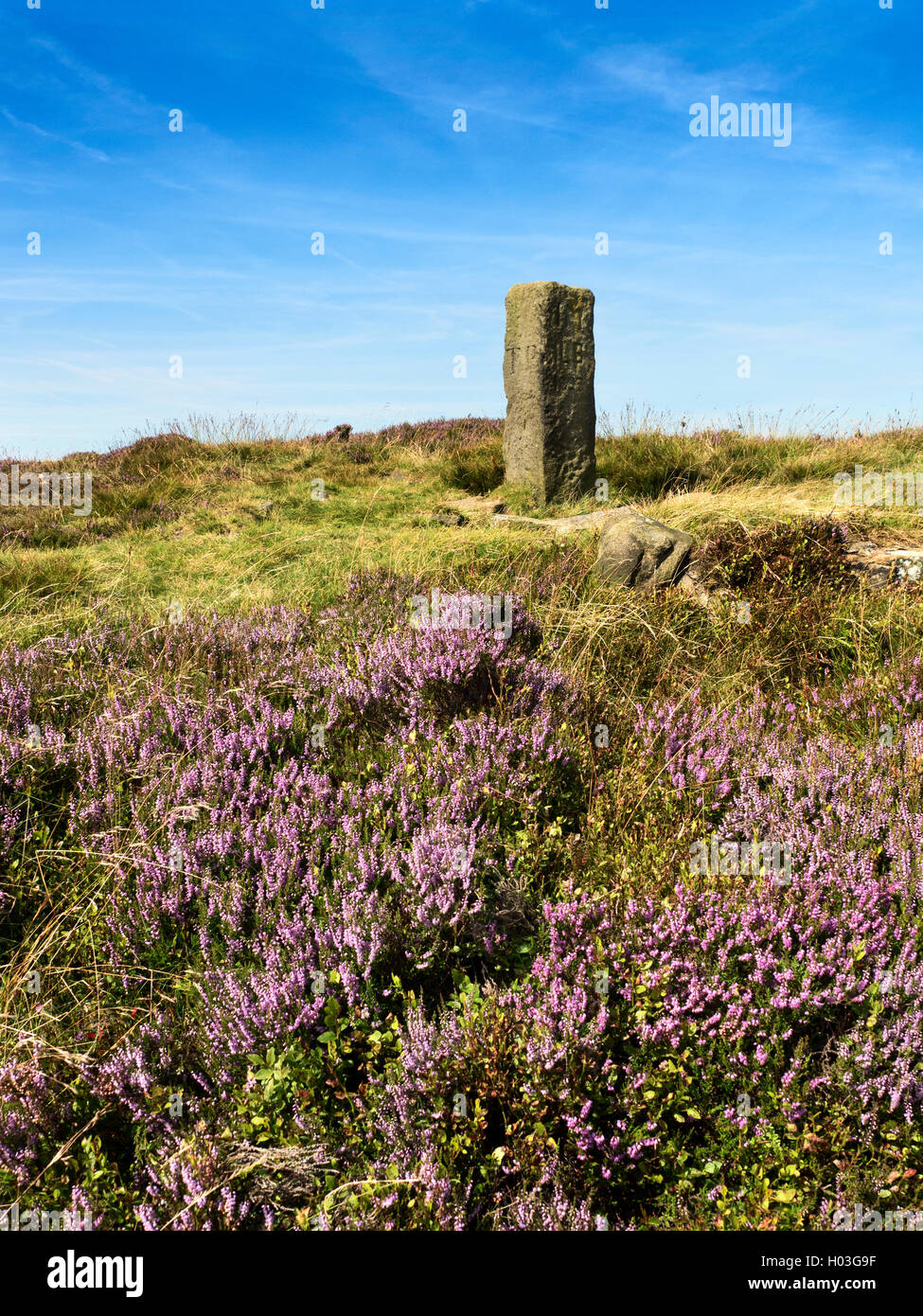 Lanshaw Lad Boundary Stone on Ilkley Moor in Summer Ilkley West Yorkshire England Stock Photo