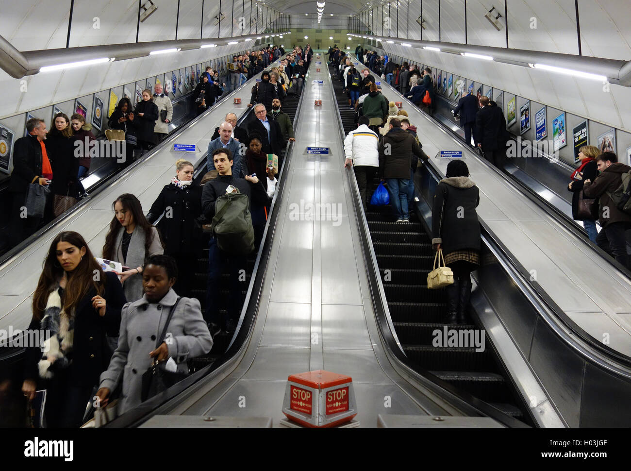 Commuters on escalators in Holborn underground station, London Stock Photo