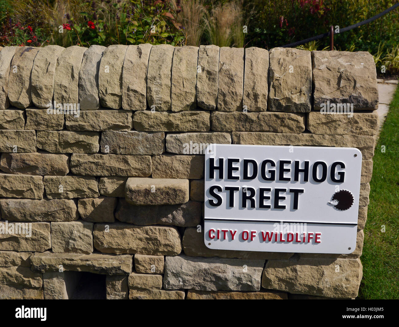 Hedgehog Street City of Wildlife Dry Stone Wall at RHS Garden Harlow Carr, Harrogate, Yorkshire, England, UK. Stock Photo