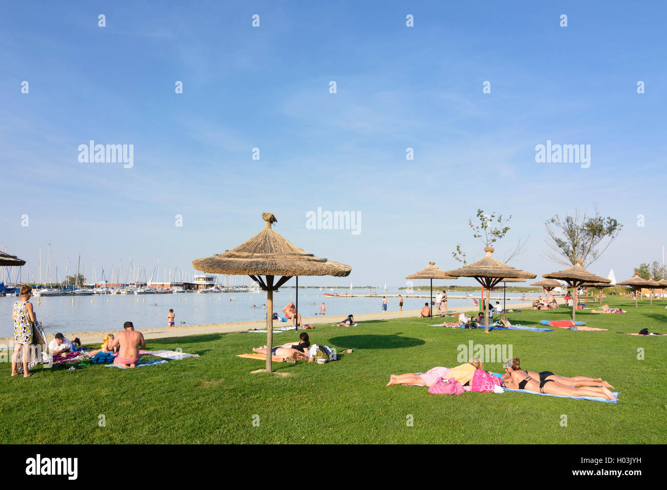 Rust Neusiedler See (Lake Neusiedl), lido beach, public bath, swimmers, sailboat, Neusiedler