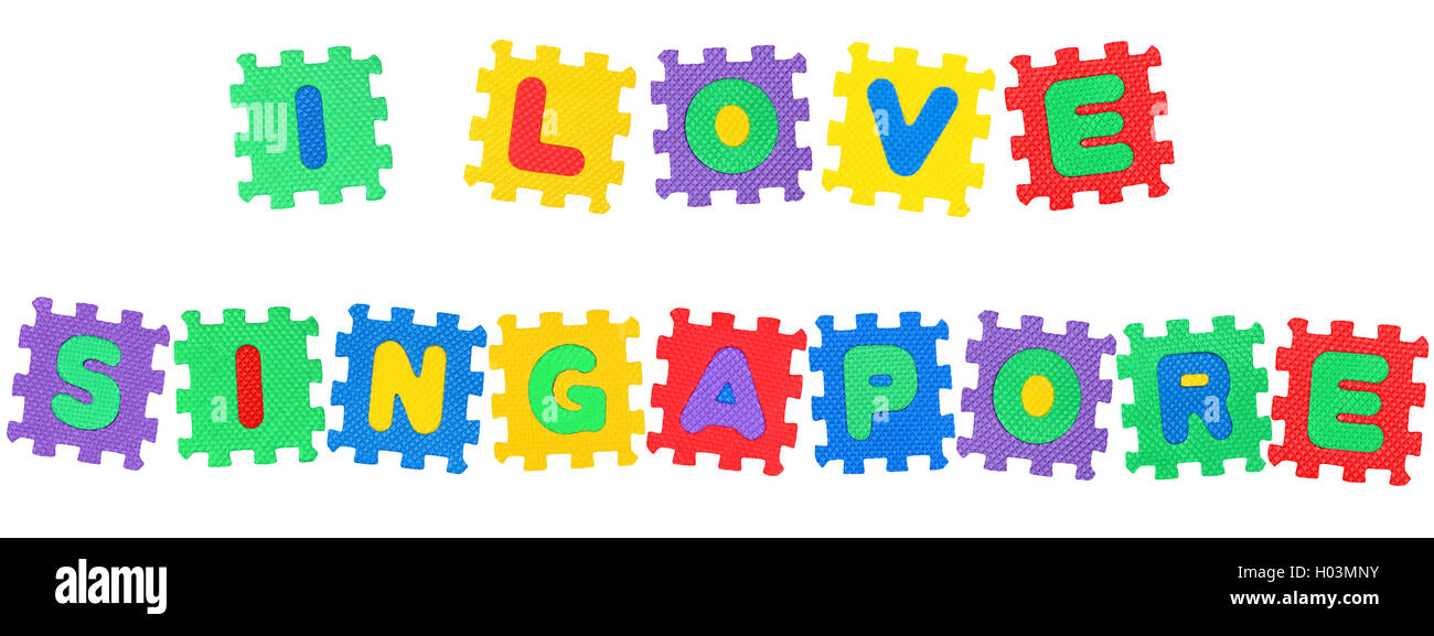 Message I Love Singapore, from letters puzzle, isolated on white background. Stock Photo