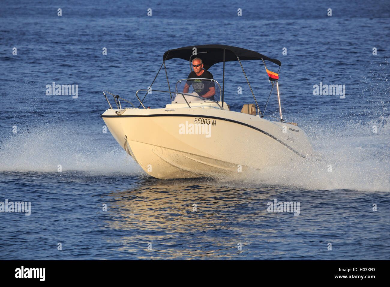 Quicksilver boat 555 Open Deck at Zakynthos Stock Photo