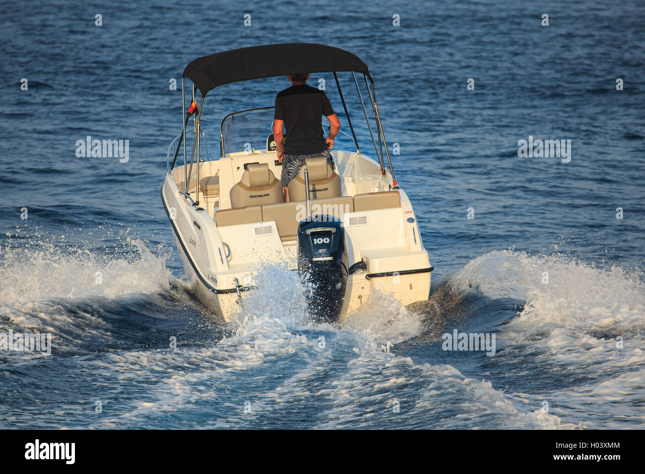 Quicksilver boat 555 Open Deck at Zakynthos Stock Photo