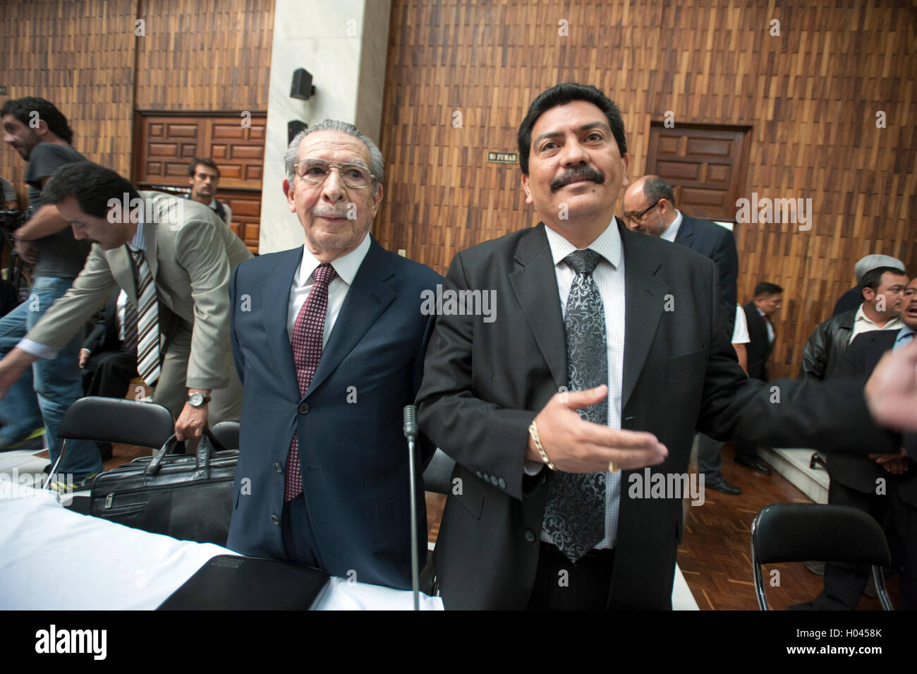 Rios Montt, left, and defense lawyer Francisco Garcia Gudiel at supreme court in Guatemala City Genocide Trial Day 1 March 2013. Stock Photo