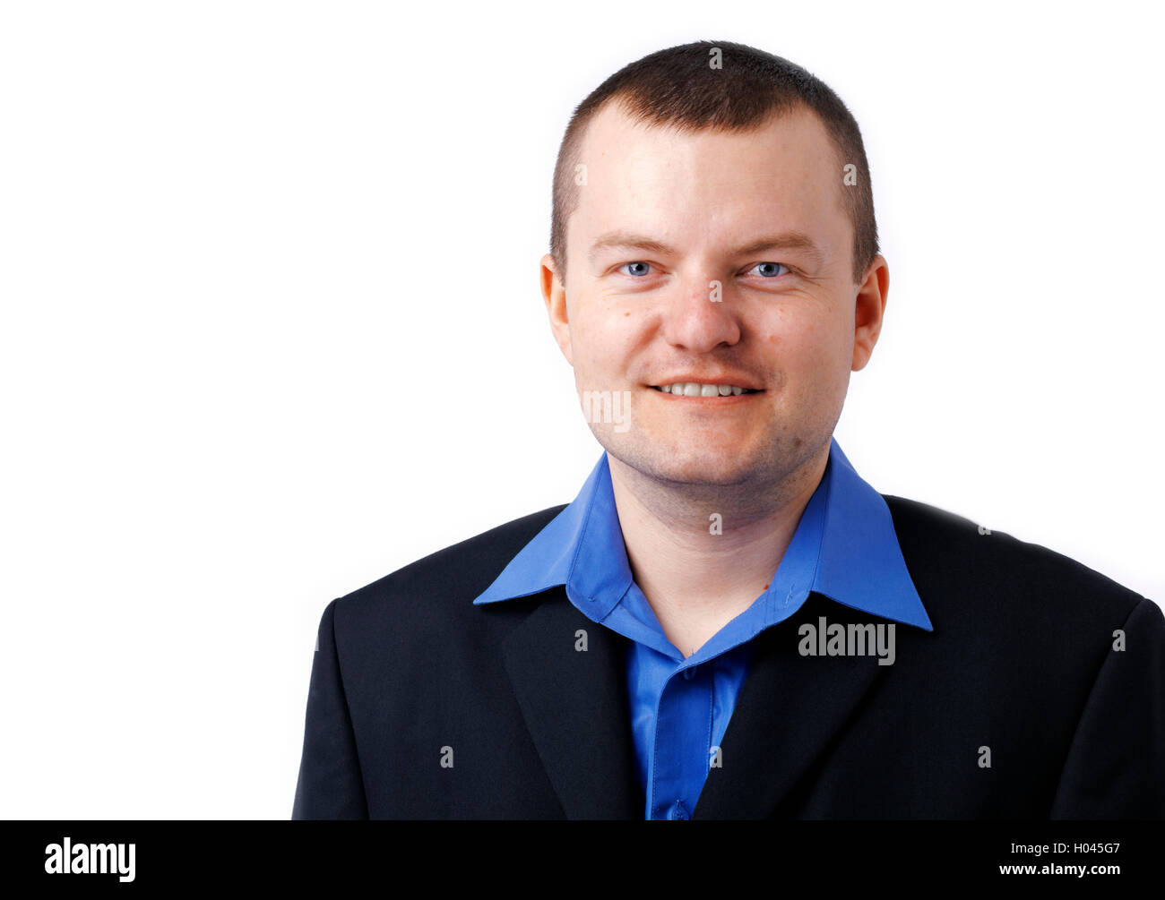 Close up picture of a man in blue shirt and black jacket Stock Photo ...