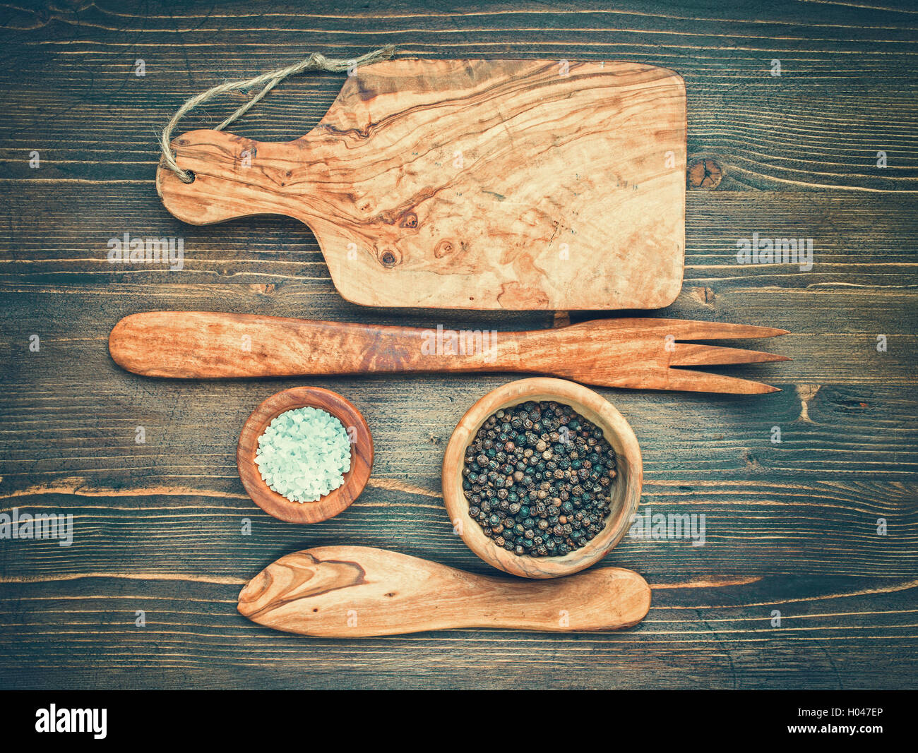 Wooden kitchenware top view Stock Photo