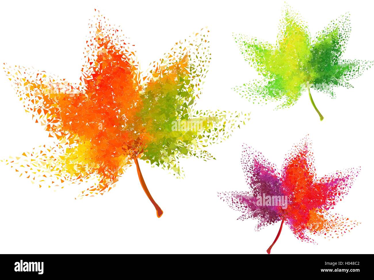 Colorful autumn leaves with particles, vector set over white background Stock Vector