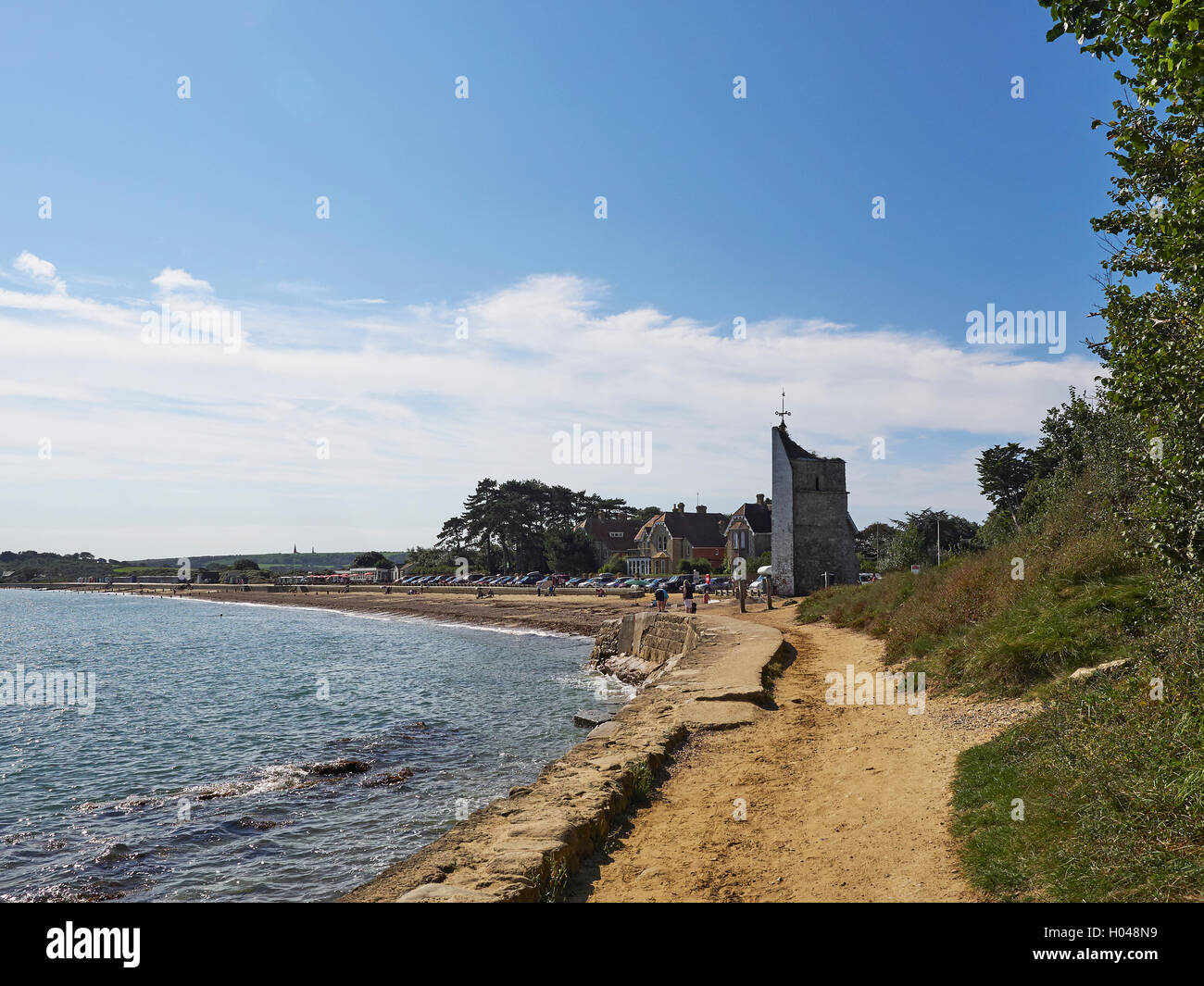 St Helens beach Isle of Wight with the ruins of the old church Stock