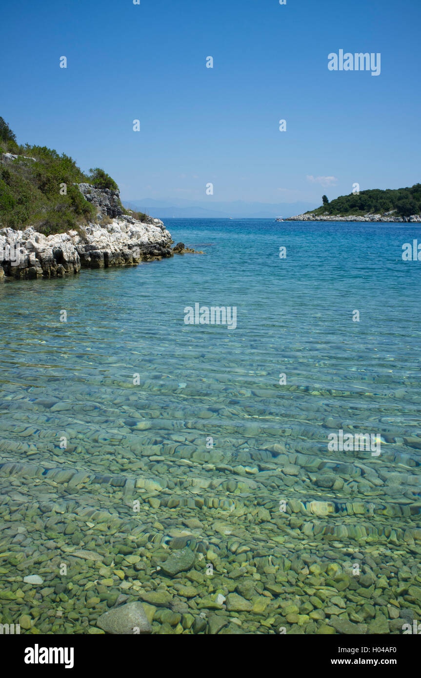 The cove at Lionarski on the southeast coast of Paxos,The Ionian Islands, The Greek Islands, Greece, Europe Stock Photo