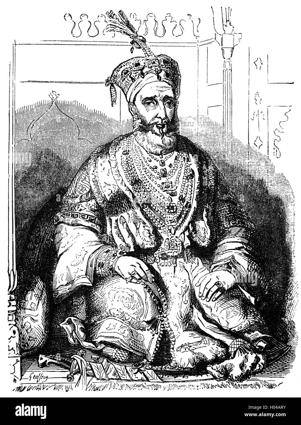 Mirza Abu Zafar Sirajuddin Muhammad Bahadur Shah Zafar was the last Mughal emperor, an  Empire that existed in name only and his authority was limited only to the city of Delhi. Following his involvement in the Indian Rebellion of 1857, the British exiled him to Rangoon in British-controlled Burma, after convicting him on conspiracy charges in a kangaroo court. Stock Photo