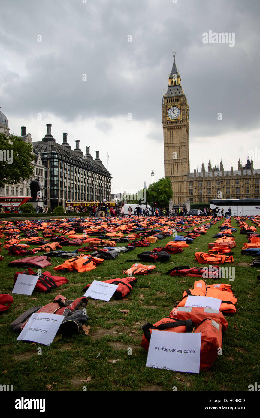 London, UK. 19th Sep, 2016. Signs displayed with the "life jacket