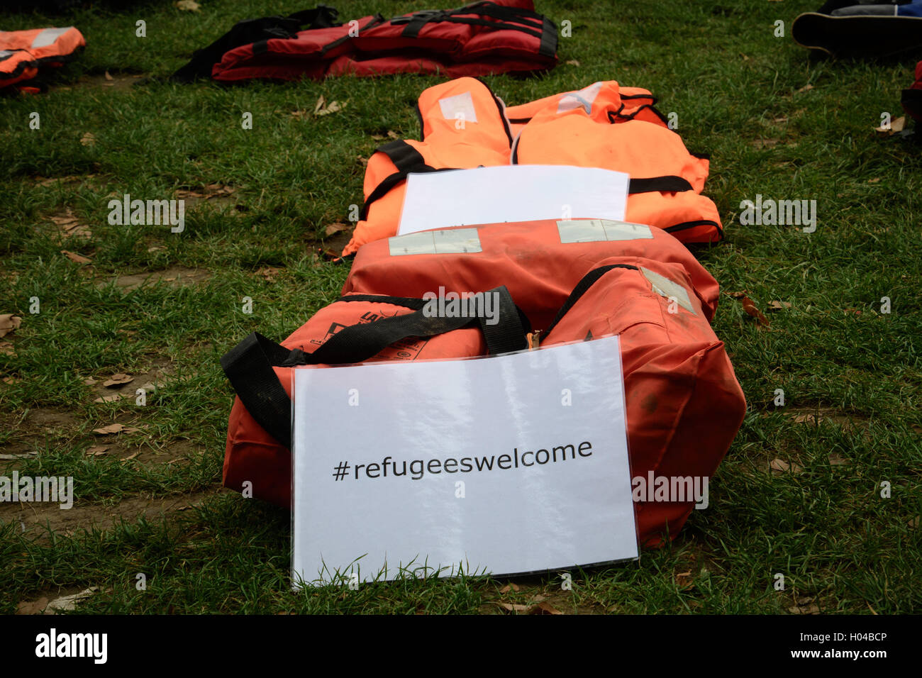 London, UK. 19th Sep, 2016. Signs displayed with the "life jacket