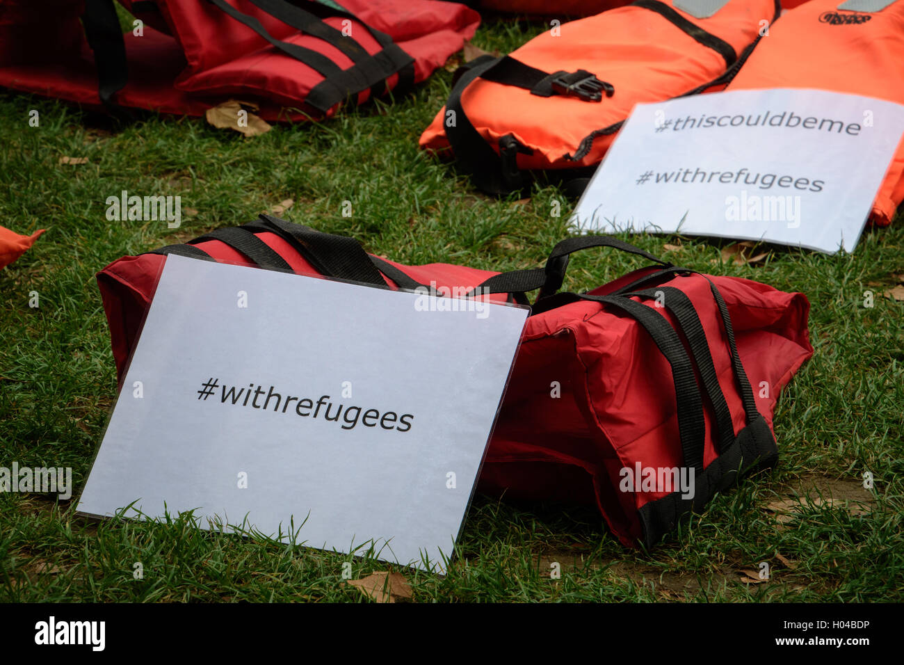London, UK. 19th Sep, 2016. Signs displayed with the "life jacket