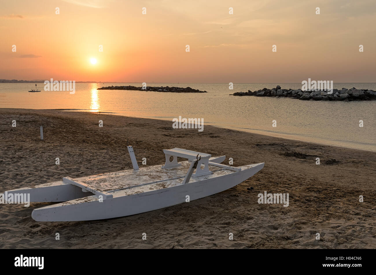 boat on the shoreline of rimini,italy,in summer Stock Photo