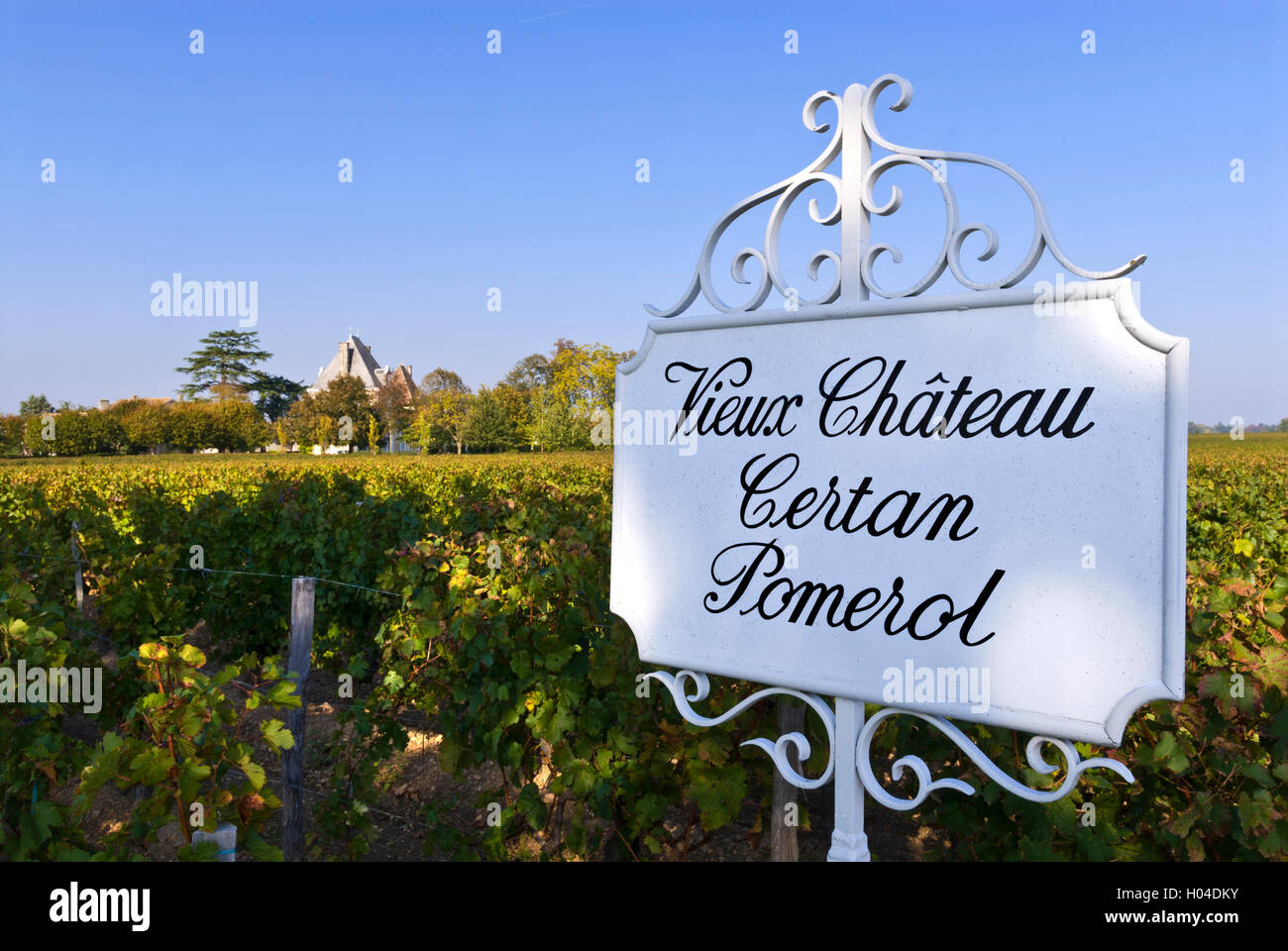 Ornate metal sign at vineyard boundary to Vieux Chateau Certan Pomerol Bordeaux France Stock Photo