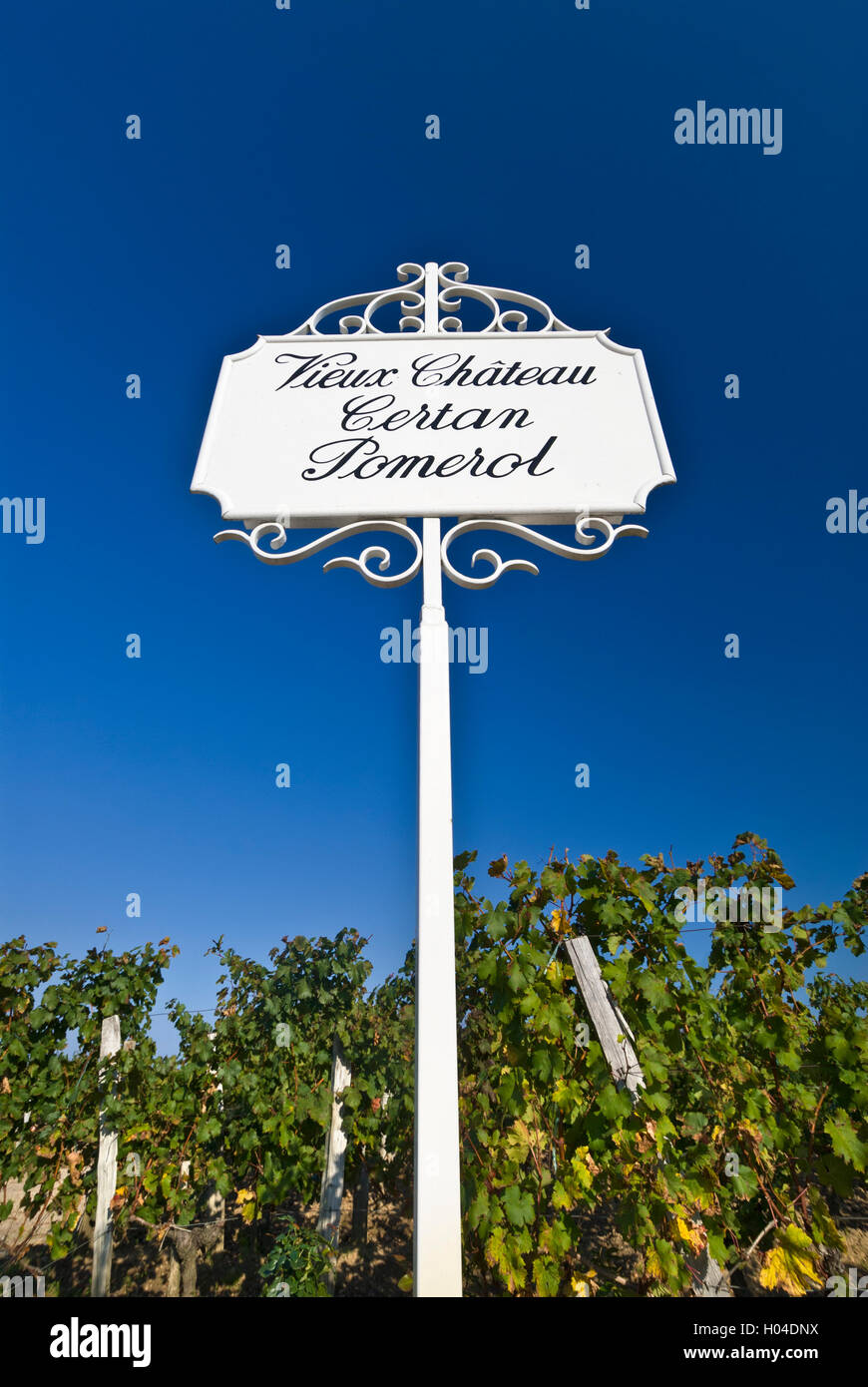 Ornate metal sign at vineyard boundary to Vieux Chateau Certan Pomerol Bordeaux France Stock Photo