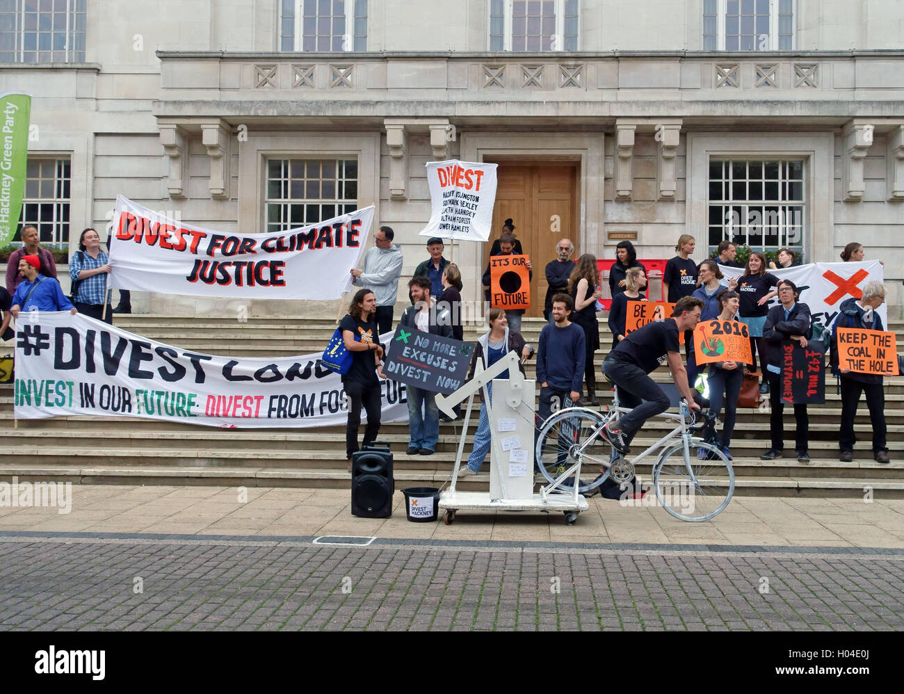 Climate change protesters demonstrate against fossil fuel investment outside Hackney Town Hall, London Stock Photo