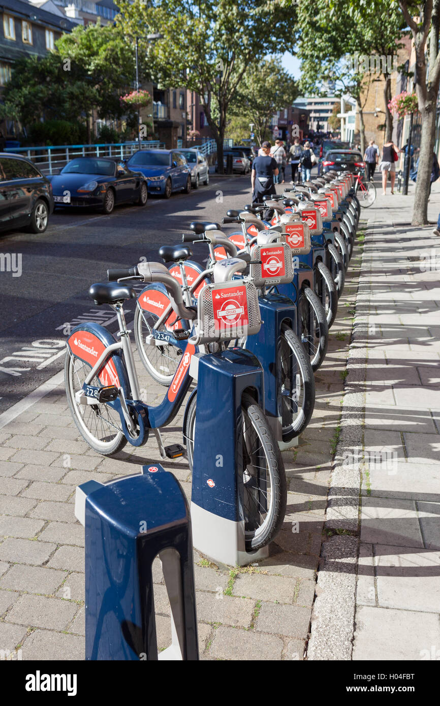 Santander Bikes from London's bike hire scheme that are a popular means of transport for tourists around the city. Stock Photo
