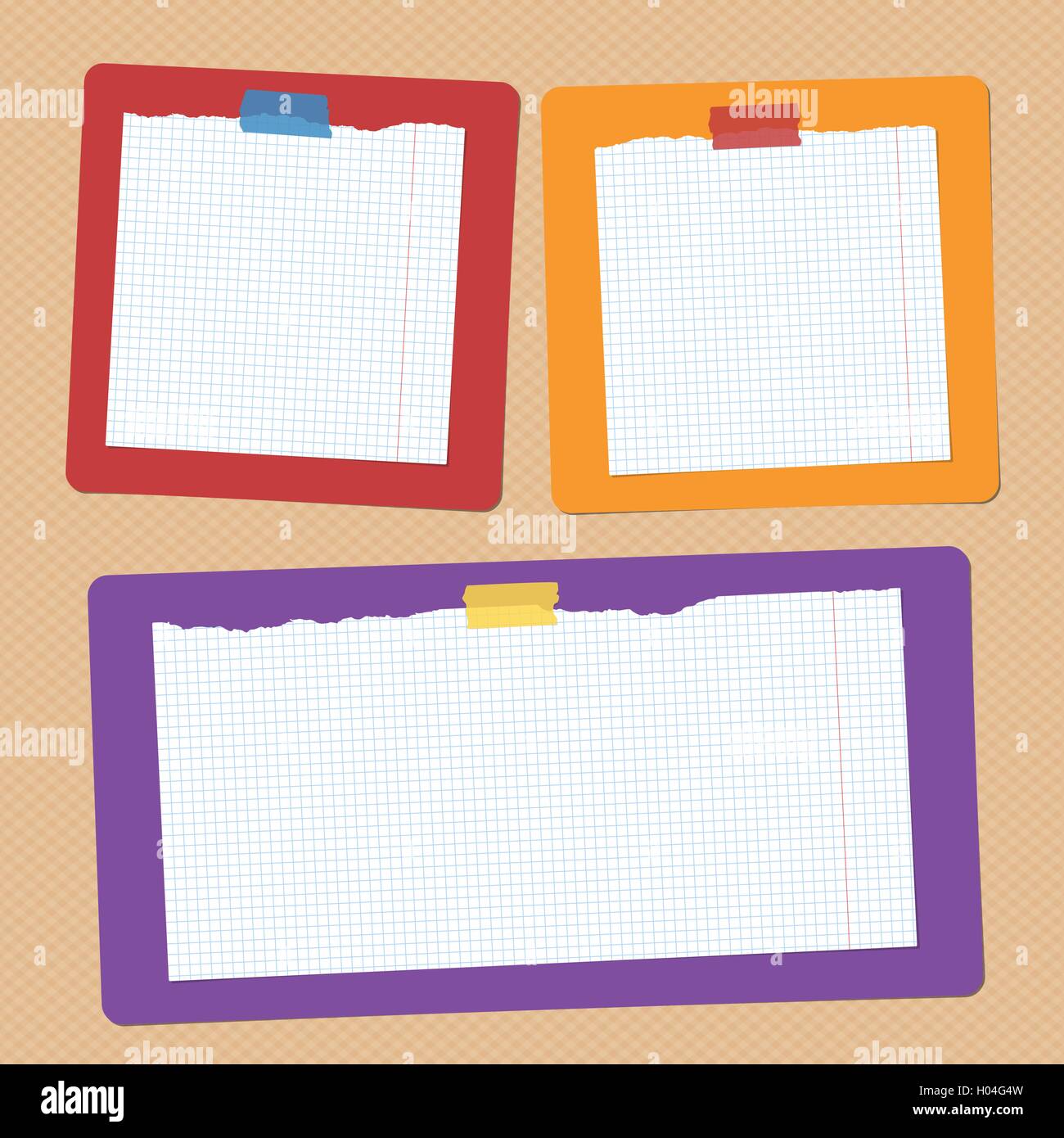 Ripped white squared note, notebook paper are stuck on colorful flat ...