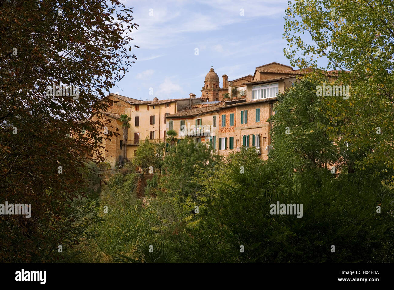 View of houses on Via delle Cerchia, from Orto Botanico dell'Università di Siena (aka the Botanical Gardens), Siena, Italy Stock Photo
