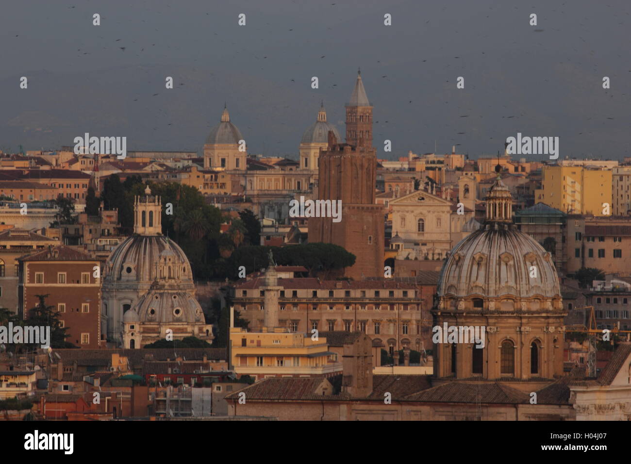 a beautiful view of Romes rooftops and monuments form a distance, from the Gianicolo, Rome, Italy Stock Photo
