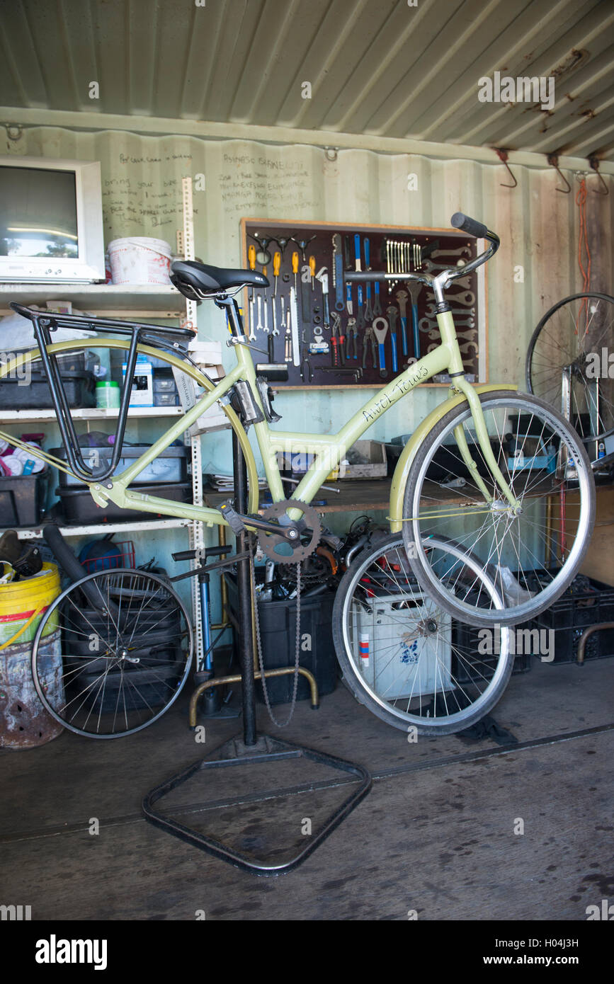 Bicycle on a stand to be serviced, Cape Town, South Africa Stock Photo