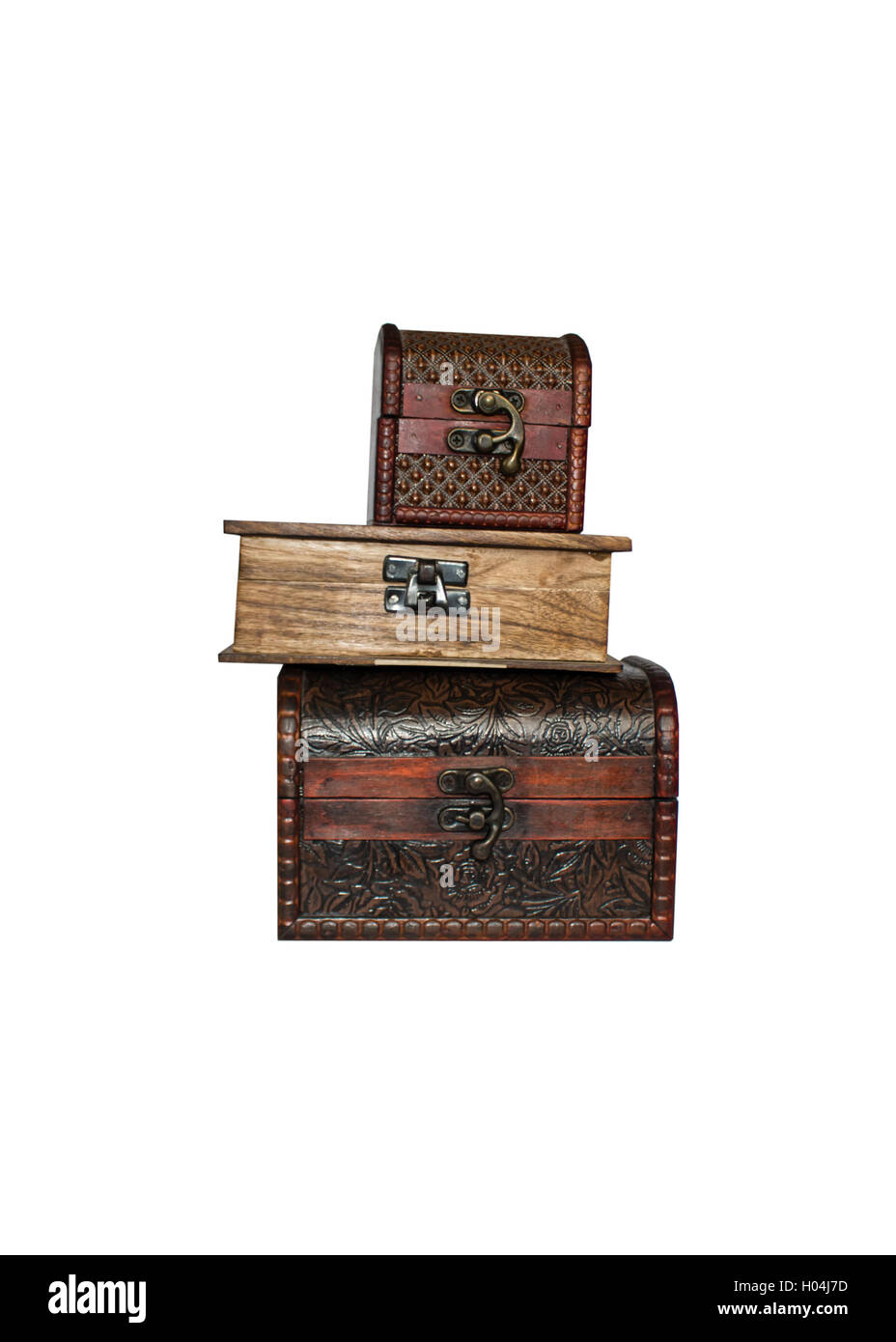 Antique wooden chest isolated on white background. Stock Photo