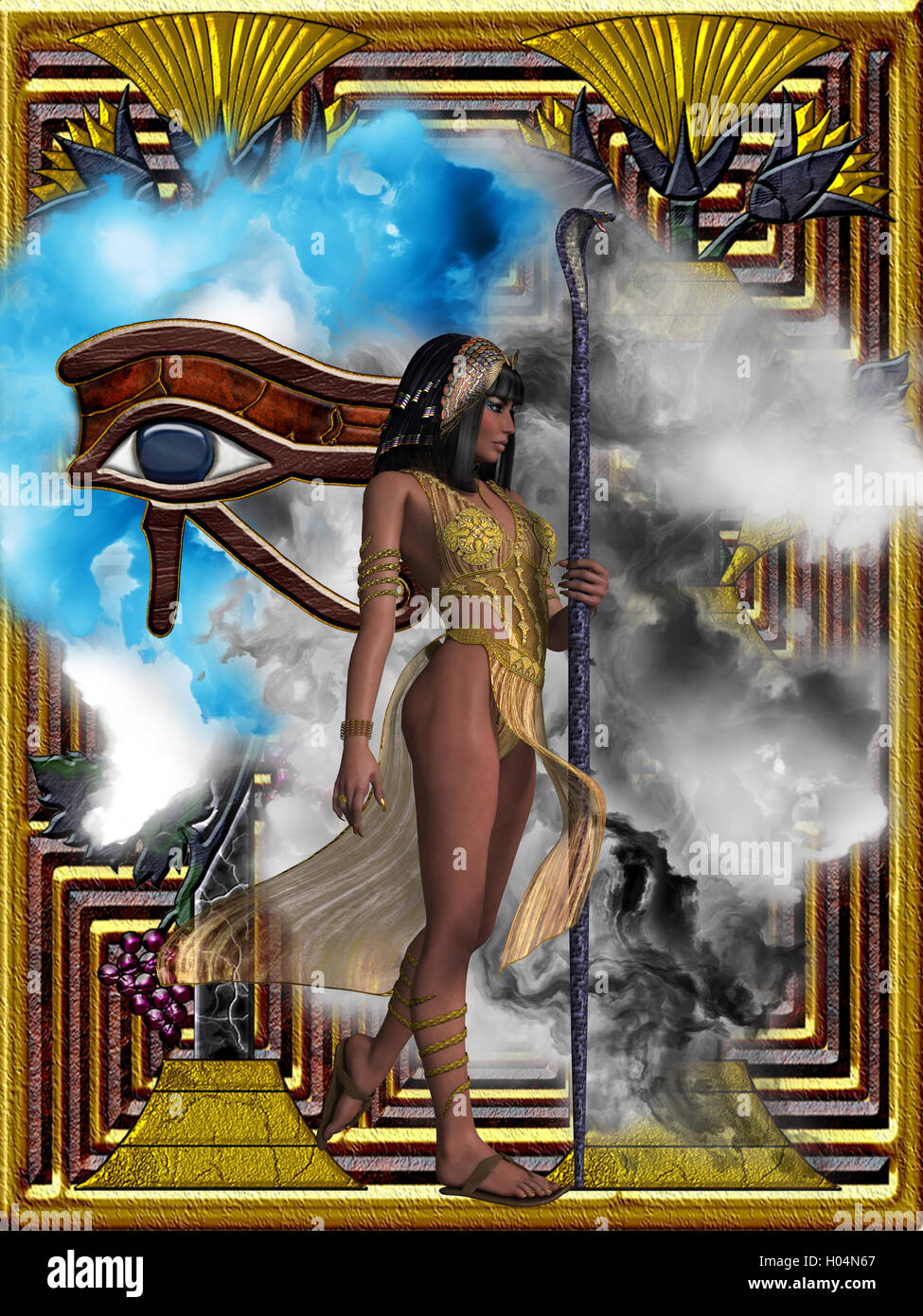 Fantasy illustration of the Eye of Ra or Horus and an Egyptian queen with headdress and snake staff. Stock Photo