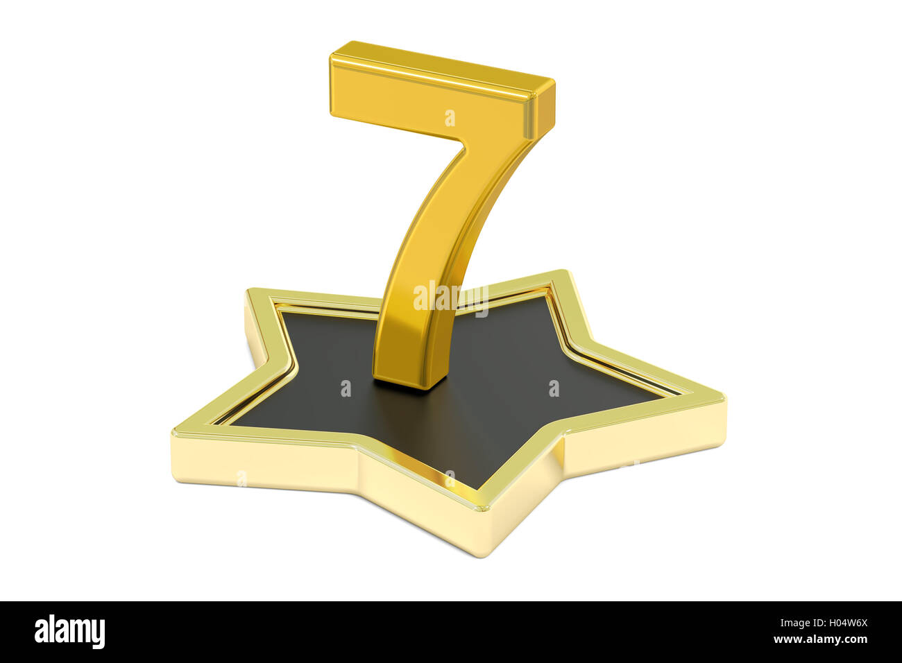 3D golden number 7 on star podium, 3D rendering isolated on white background Stock Photo