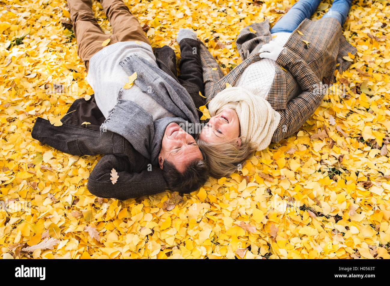 Active senior couple in autumn park lying on the ground Stock Photo - Alamy