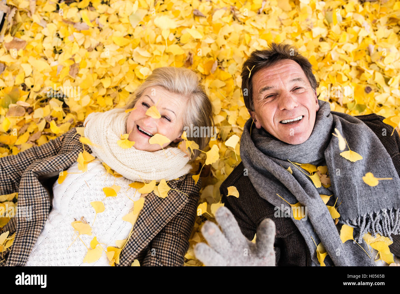 Active senior couple in autumn park lying on the ground Stock Photo - Alamy