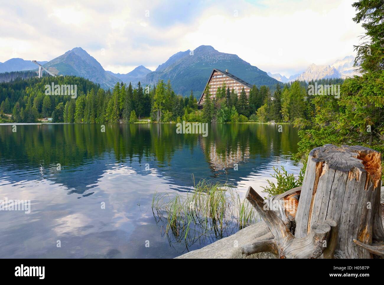 Wide angle landscape shot of Strbske Pleso lake in High Tatras mountains. Stock Photo