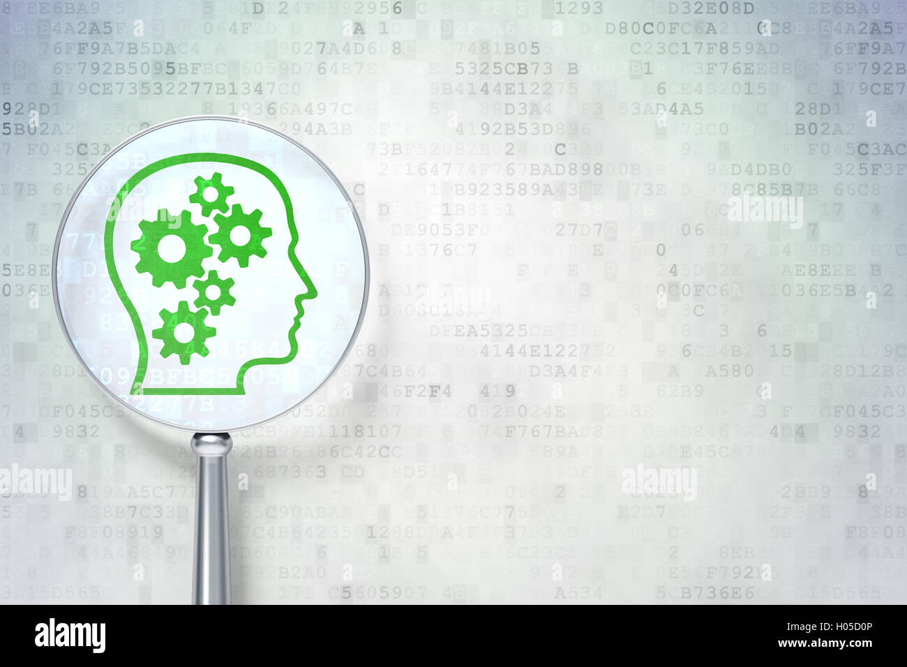 Advertising concept: Head With Gears with optical glass on digital ...