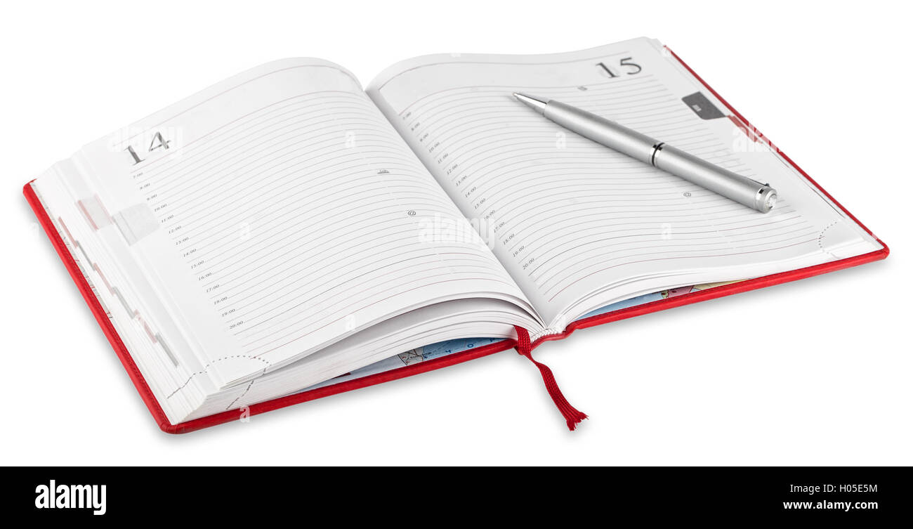 Opened red diary and pen isolated on white background Stock Photo - Alamy