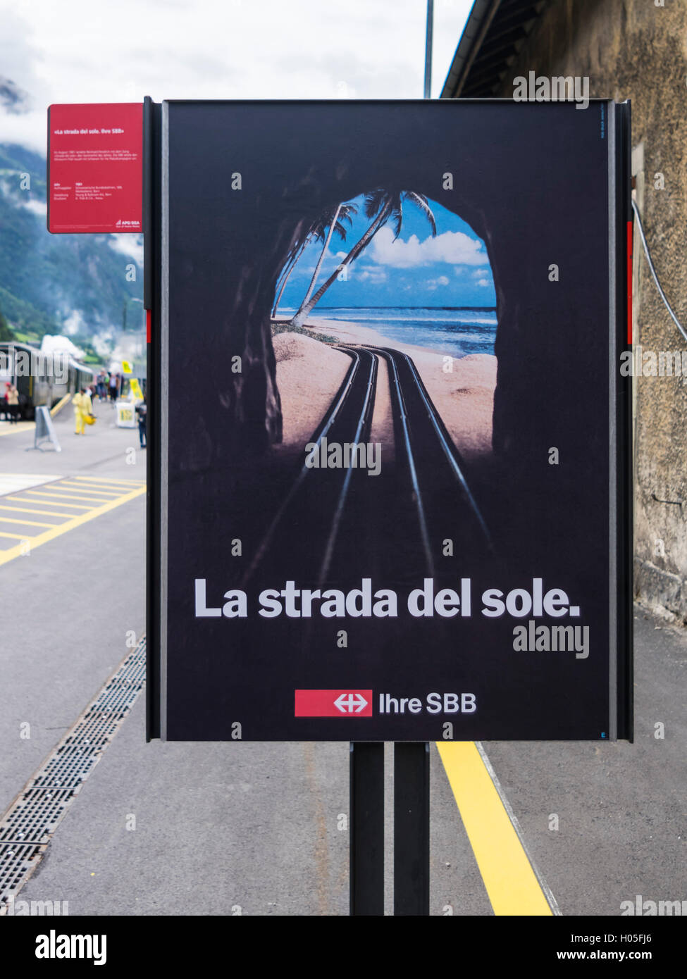 Vintage 1981 advertisement of SBB-CFF-FFS, the Swiss Federal Railways, promoting Gotthard tunnel. Stock Photo